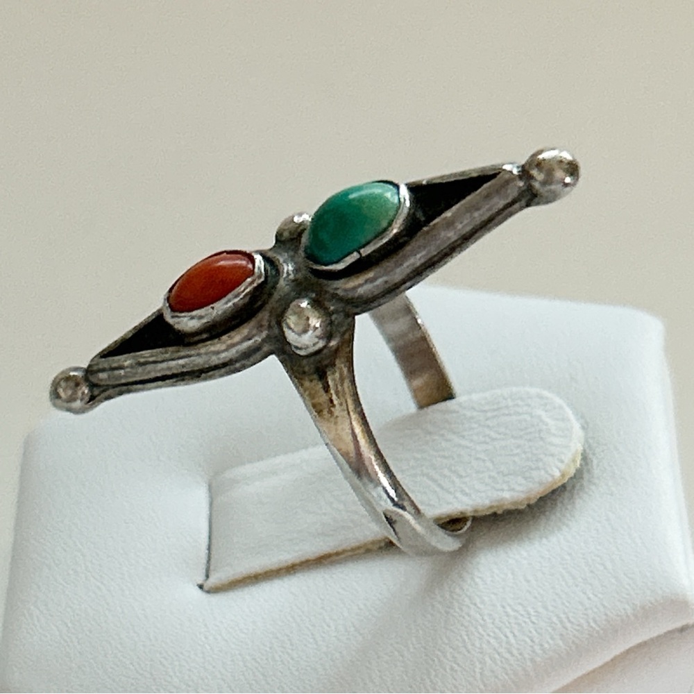 Vintage Southwestern Coral Turquoise Sterling Silver Ring - Picture 5 of 10